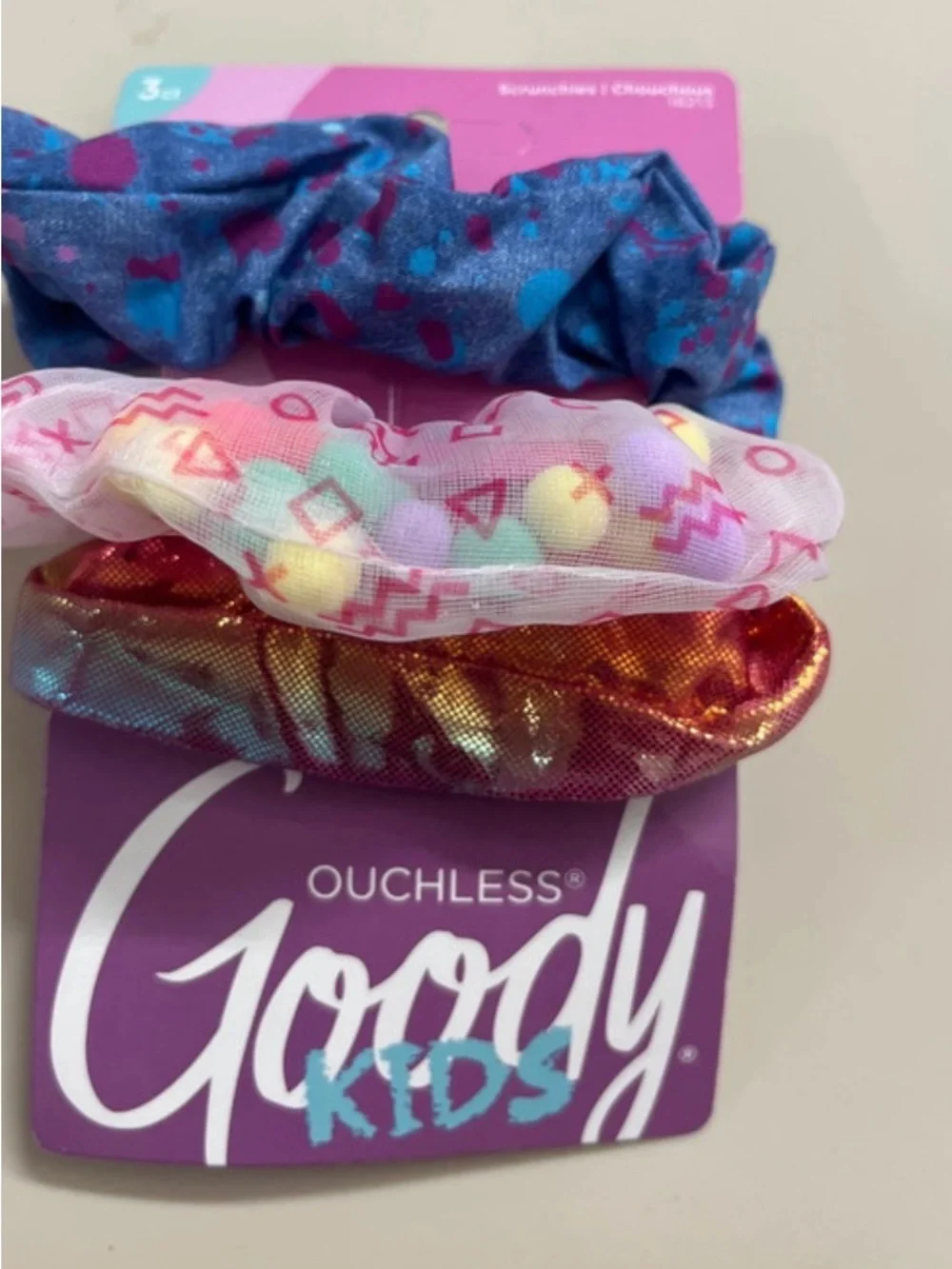 Kids Colorful 3-Pack Scrunchies - Blue, Pink, Metallic Orange